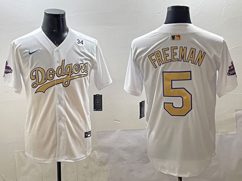 Men Los Angeles Dodgers #5 Freeman White Champion gold character 2025 Nike MLB Jersey style 3314->texas rangers->MLB Jersey